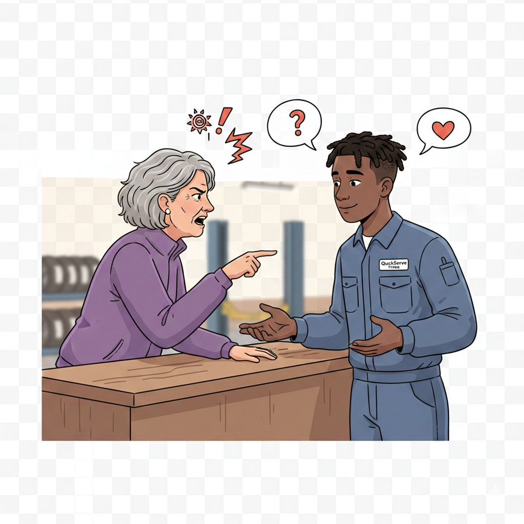 Helpful salesman with an angry customer.
